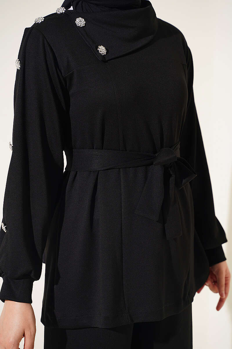 Stone Button Detailing Two-Piece Set Black - Image 4