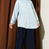 Button-Up Paillette Embellished Two-Thread Knit Blouse with Decorative Stitching Ice Blue – Image 2