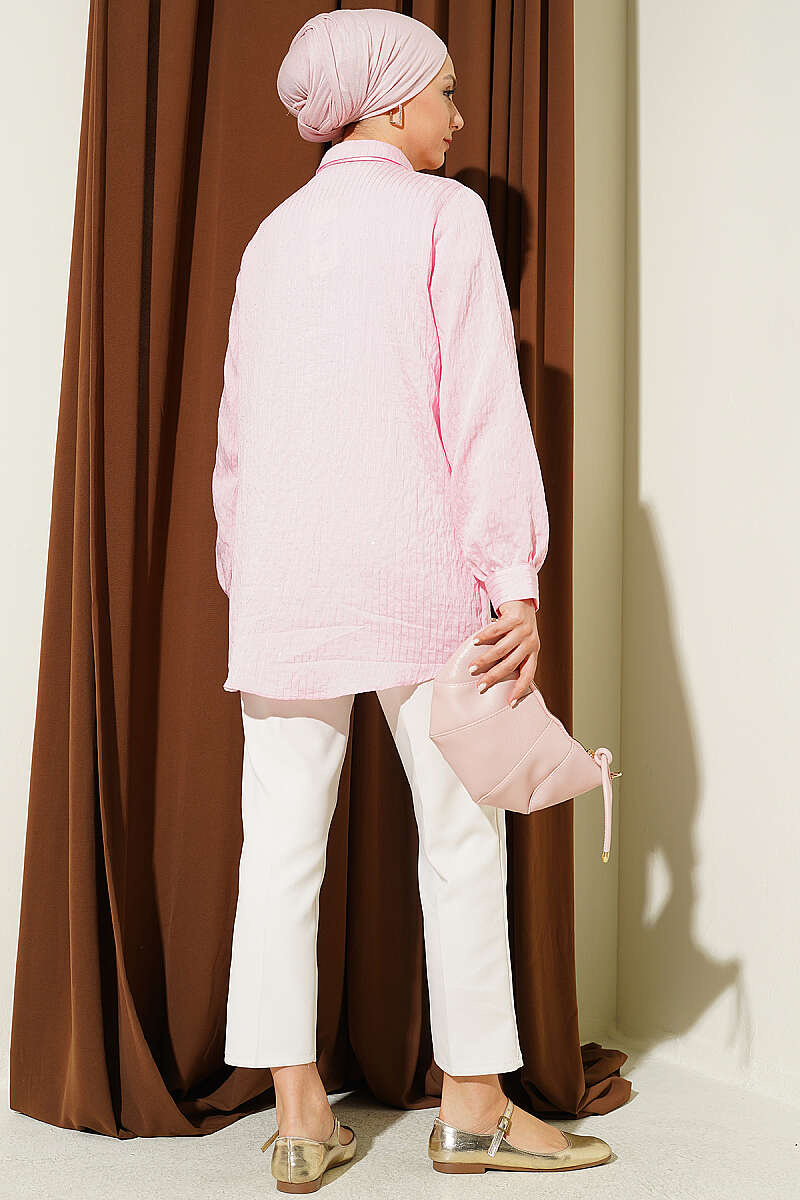 Button-Up Paillette Embellished Two-Thread Knit Blouse with Decorative Stitching Pink - الصورة 3