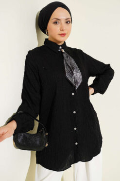 Button-Up Paillette Embellished Two-Thread Knit Blouse with Decorative Stitching Black