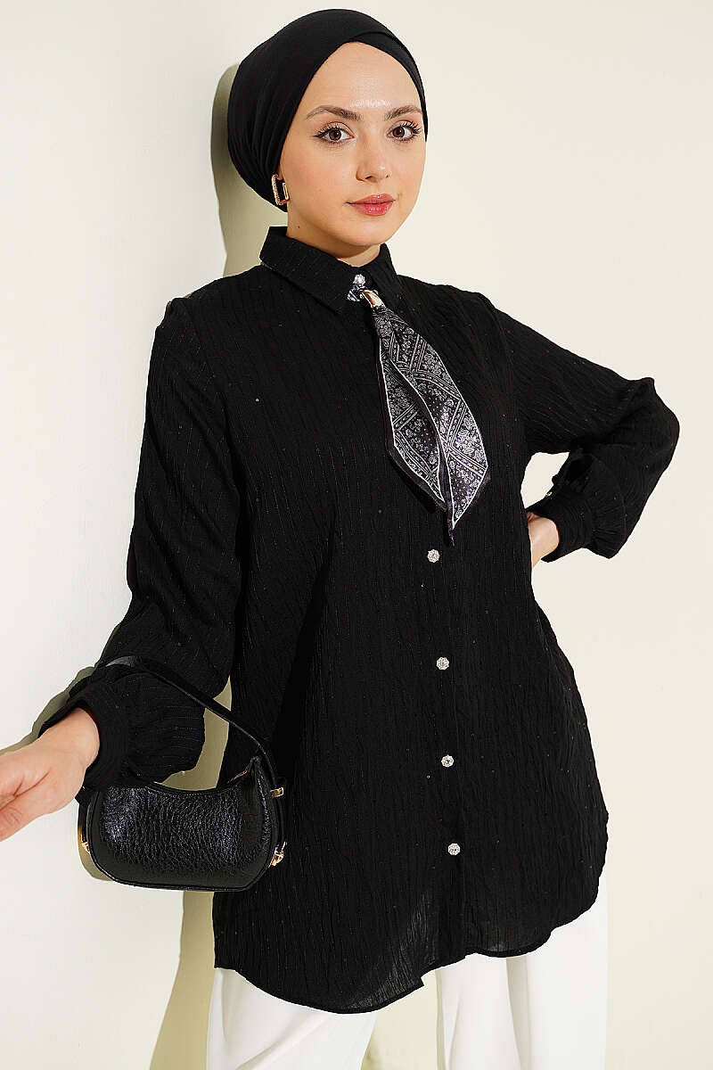Button-Up Paillette Embellished Two-Thread Knit Blouse with Decorative Stitching Black