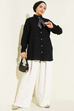 Alternative view of Button-Up Paillette Embellished Two-Thread Knit Blouse with Decorative Stitching Black