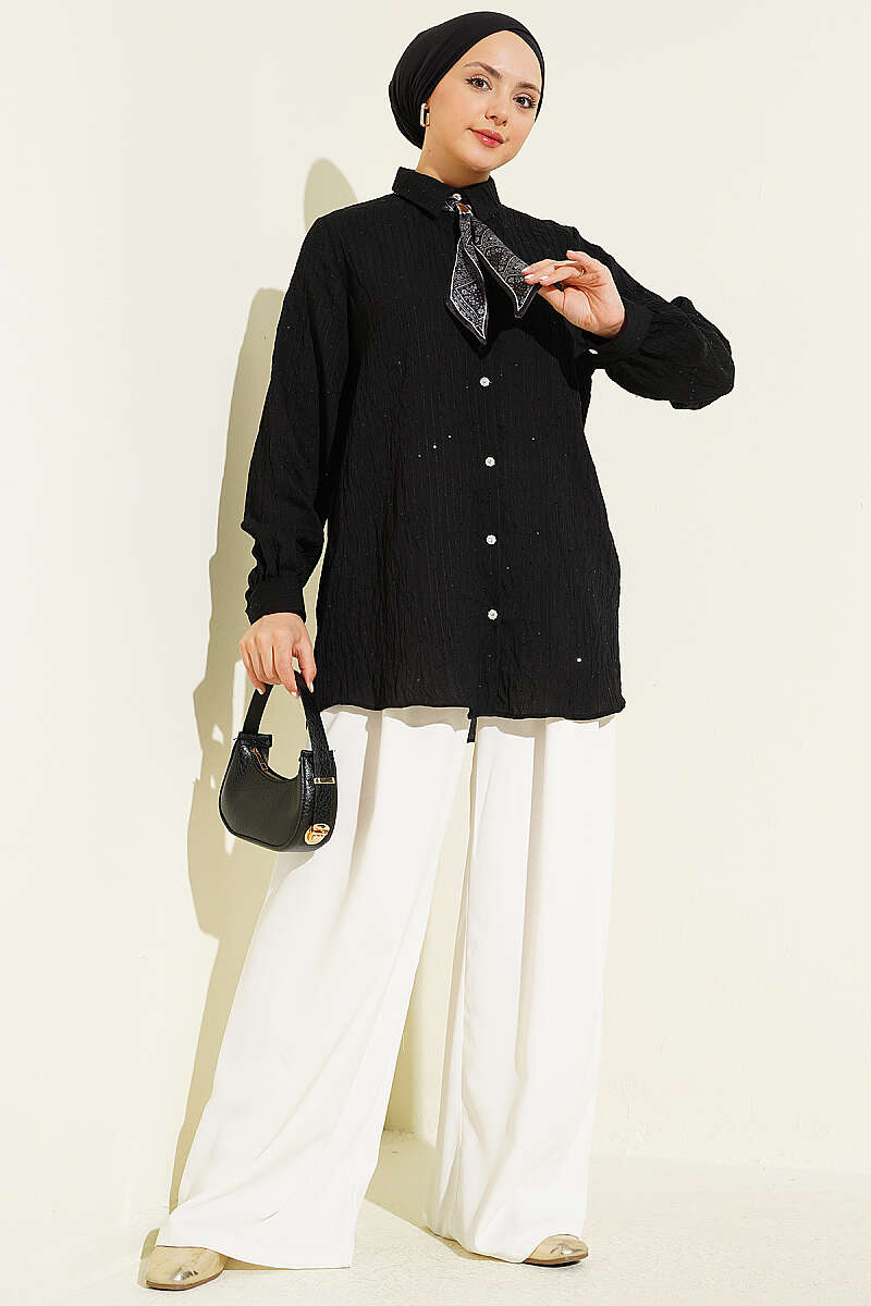 Button-Up Paillette Embellished Two-Thread Knit Blouse with Decorative Stitching Black - Image 2