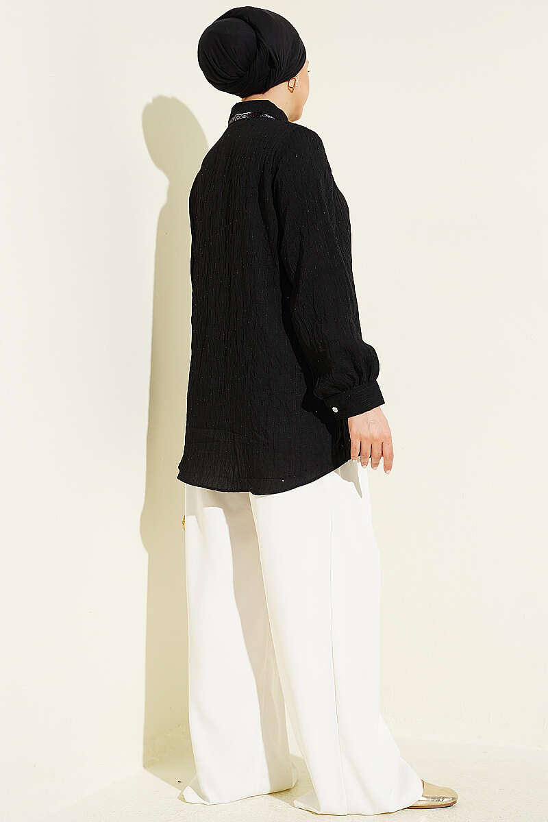 Button-Up Paillette Embellished Two-Thread Knit Blouse with Decorative Stitching Black - Image 3