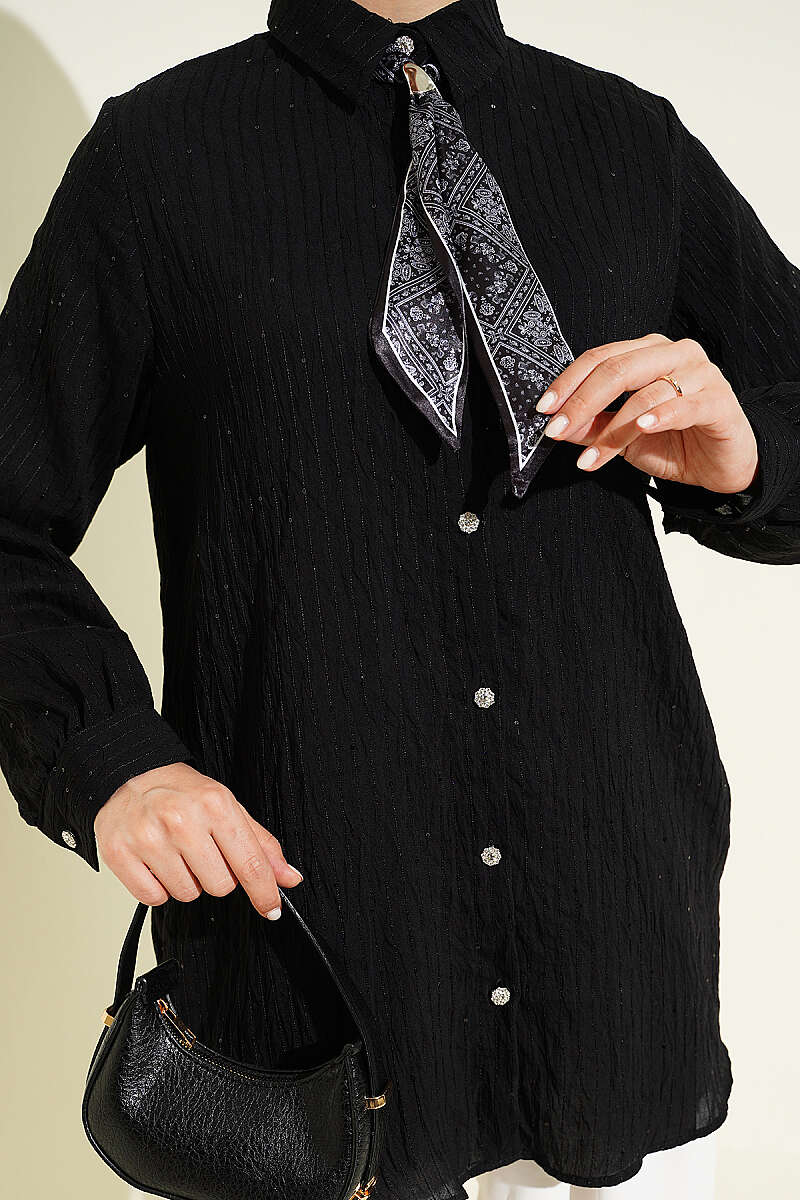 Button-Up Paillette Embellished Two-Thread Knit Blouse with Decorative Stitching Black - Image 4