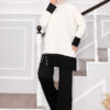 Two-Tone Knit Set with Stone Buttons Cream