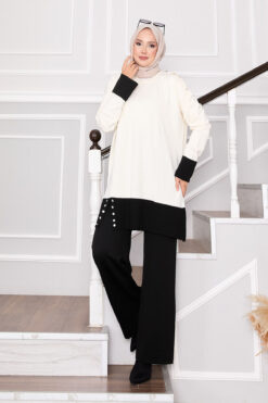 Two-Tone Knit Set with Stone Buttons Cream