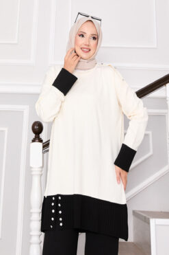 Alternative view of Two-Tone Knit Set with Stone Buttons Cream