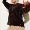 Embellished Floral Buttoned Cardigan with Beaded Details Brown