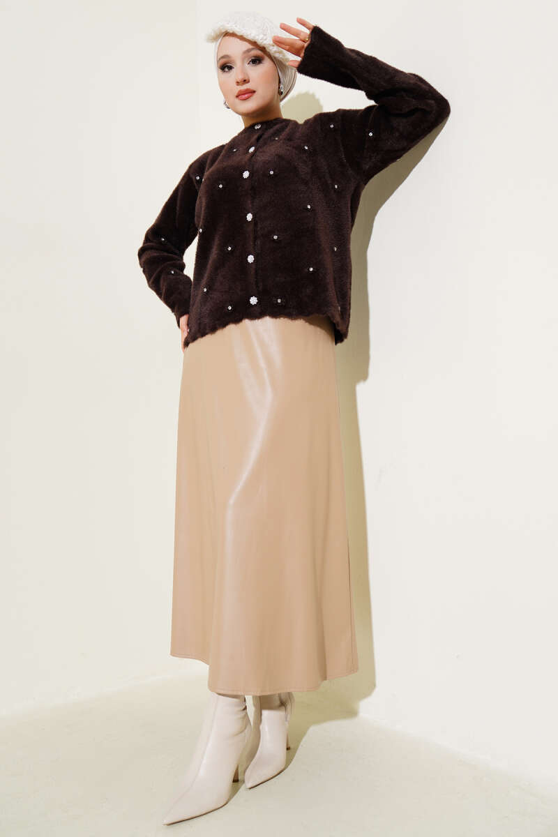 Embellished Floral Buttoned Cardigan with Beaded Details Brown - Image 2
