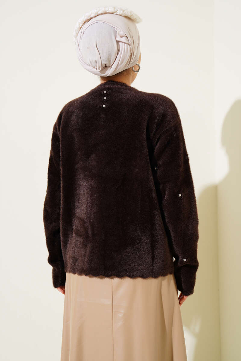 Embellished Floral Buttoned Cardigan with Beaded Details Brown - Image 3