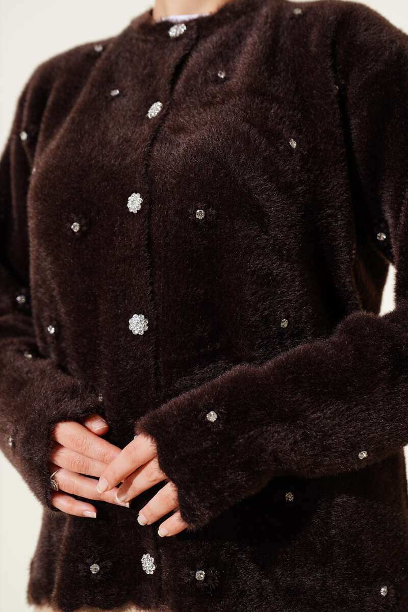 Embellished Floral Buttoned Cardigan with Beaded Details Brown - Image 4