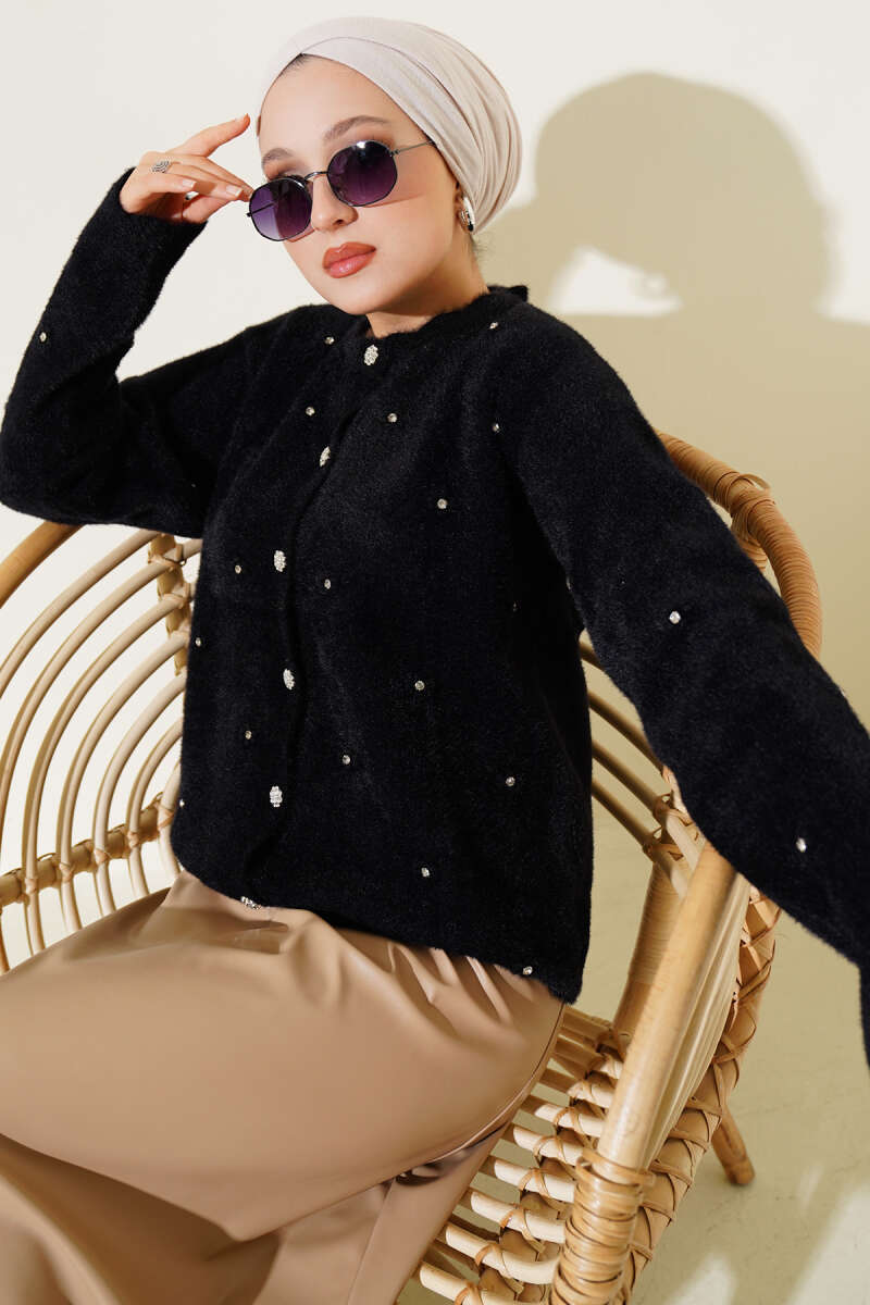 Embellished Floral Buttoned Cardigan with Beaded Details Black