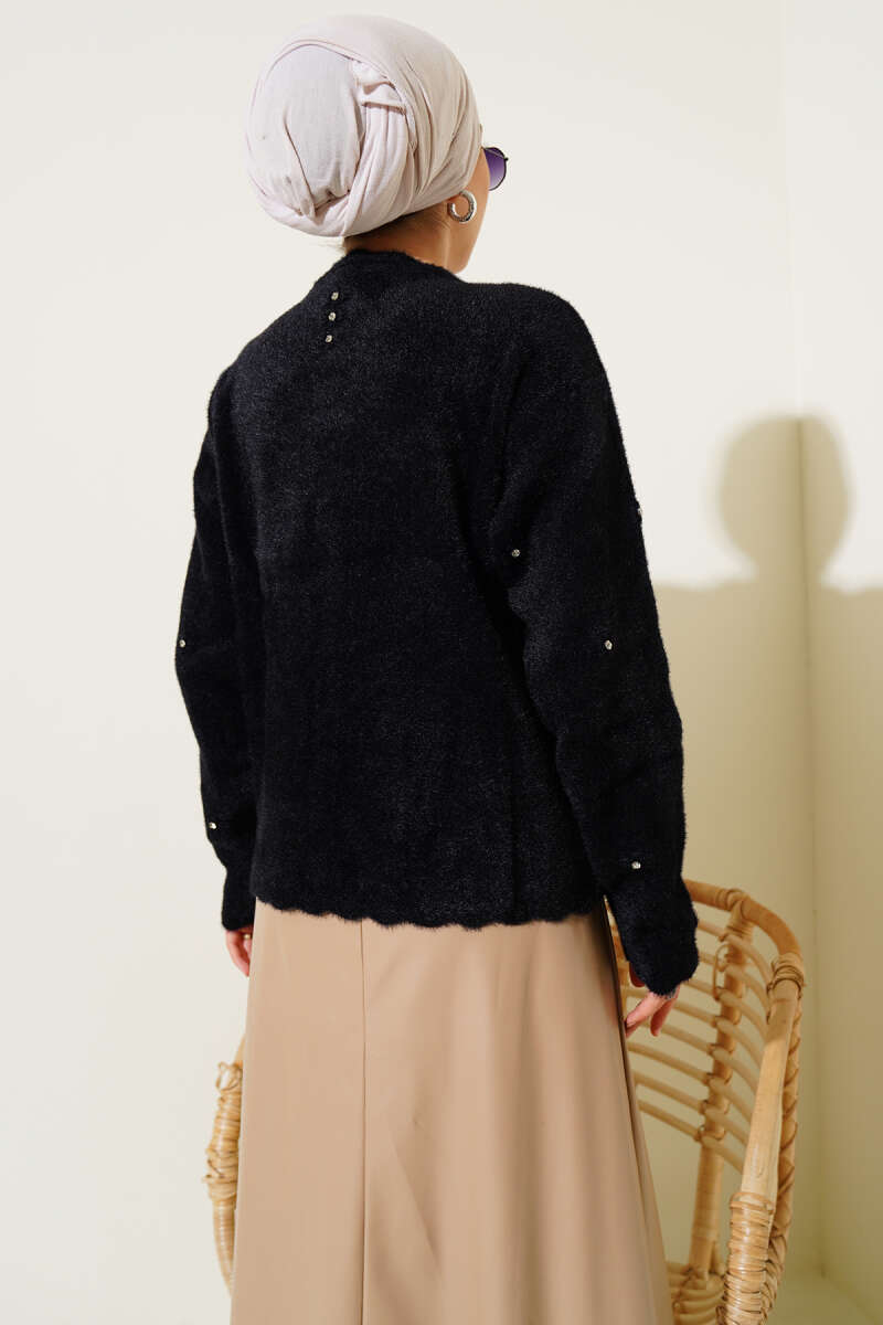 Embellished Floral Buttoned Cardigan with Beaded Details Black - Image 3