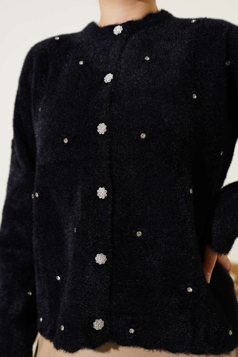 Embellished Floral Buttoned Cardigan with Beaded Details Black - Image 4