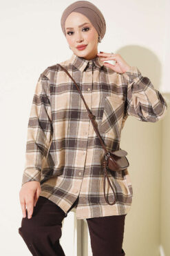Checkered shirt with a single pocket detail Beige