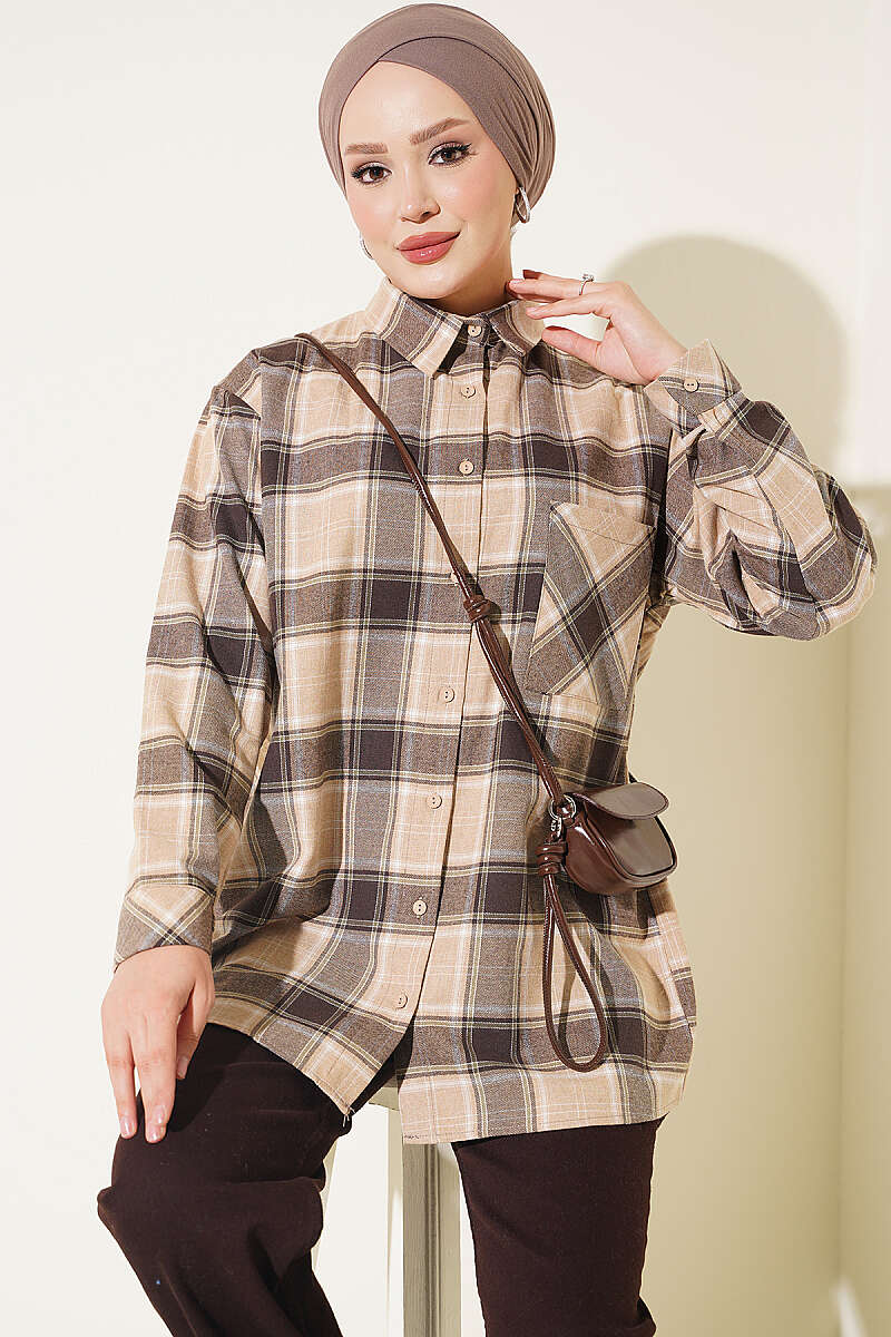 Checkered shirt with a single pocket detail Beige