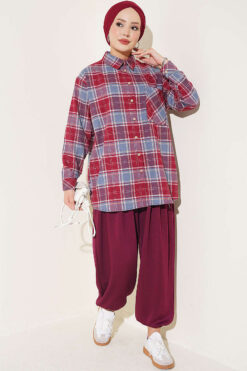 Alternative view of Checkered shirt with a single pocket detail Burgundy