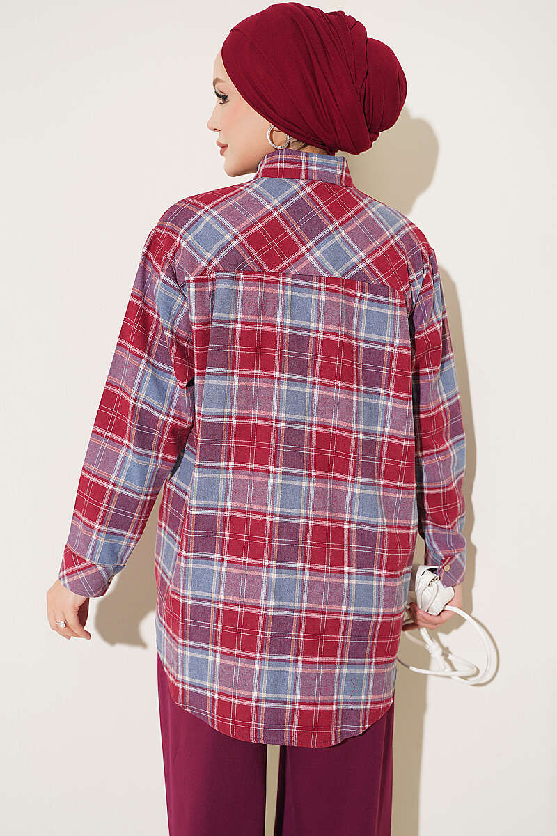 Checkered shirt with a single pocket detail Burgundy – Image 3