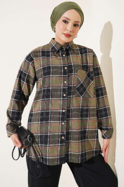 Checkered shirt with a single pocket detail Khaki