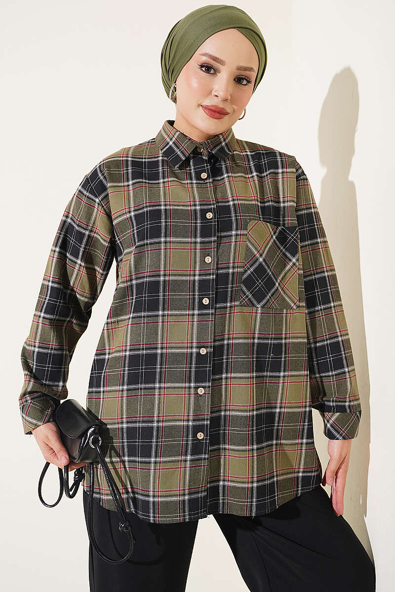 Checkered shirt with a single pocket detail Khaki