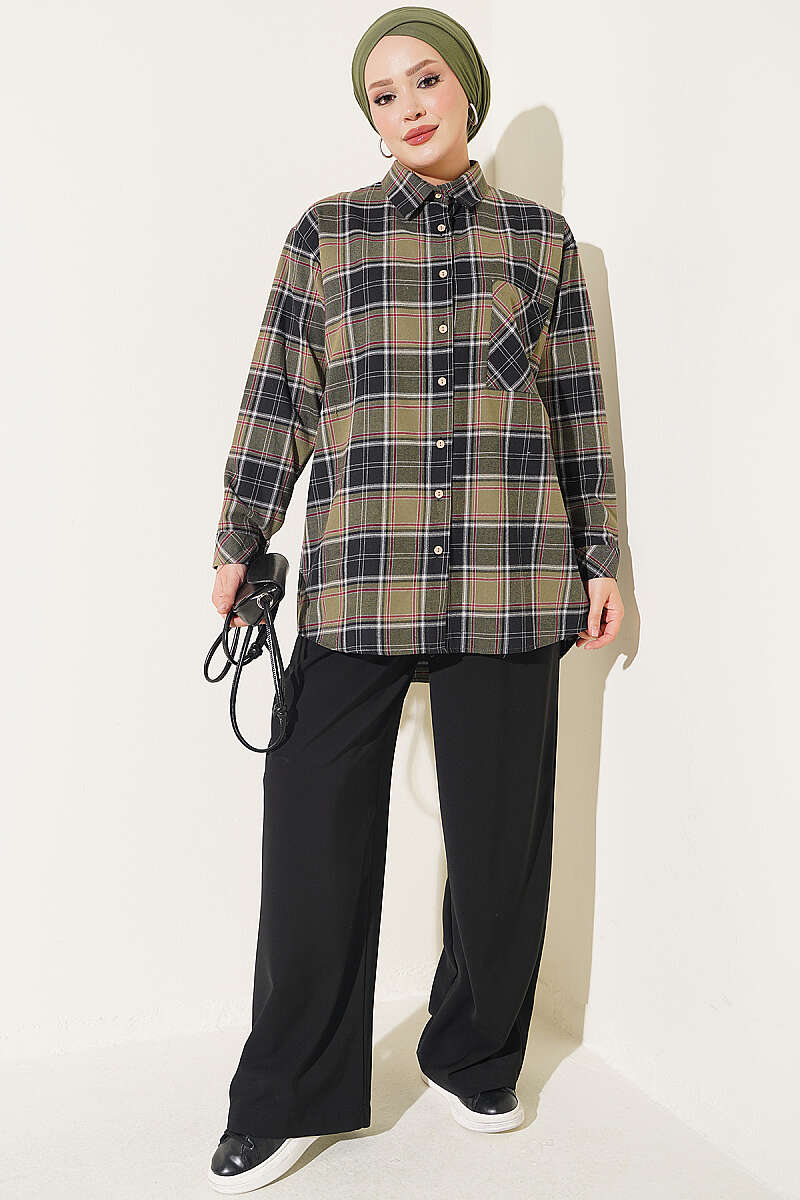 Checkered shirt with a single pocket detail Khaki – Image 2