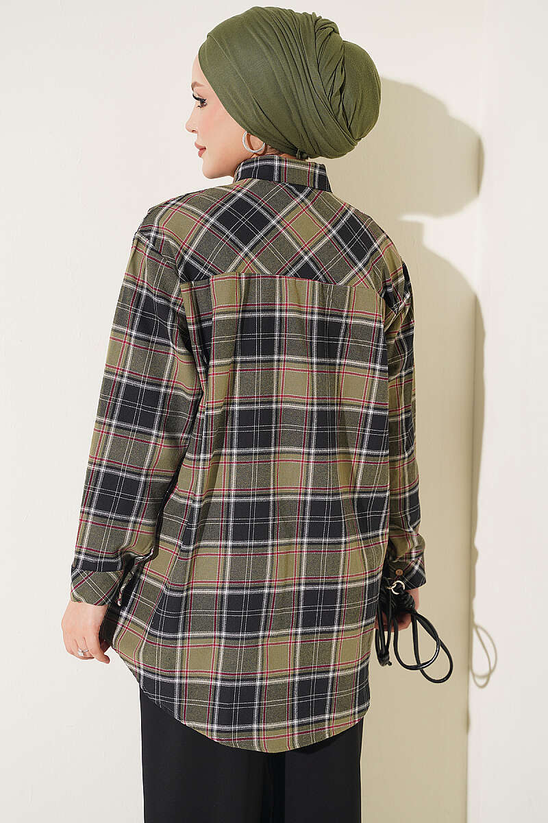 Checkered shirt with a single pocket detail Khaki – Image 3