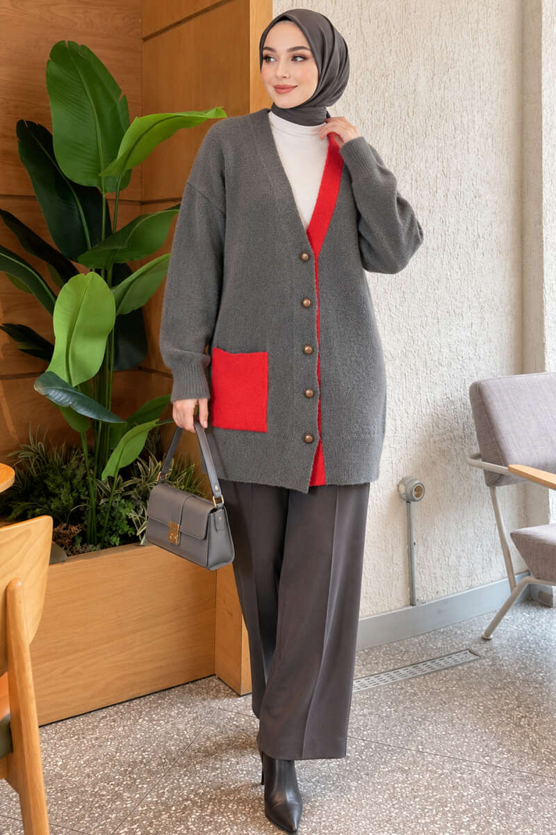 Two-Pocket Detail Fringed Cardigan Smoke - الصورة 2