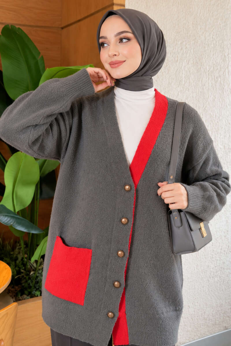 Two-Pocket Detail Fringed Cardigan Smoke - الصورة 3