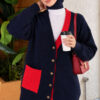 Two-Pocket Detail Fringed Cardigan Navy Blue
