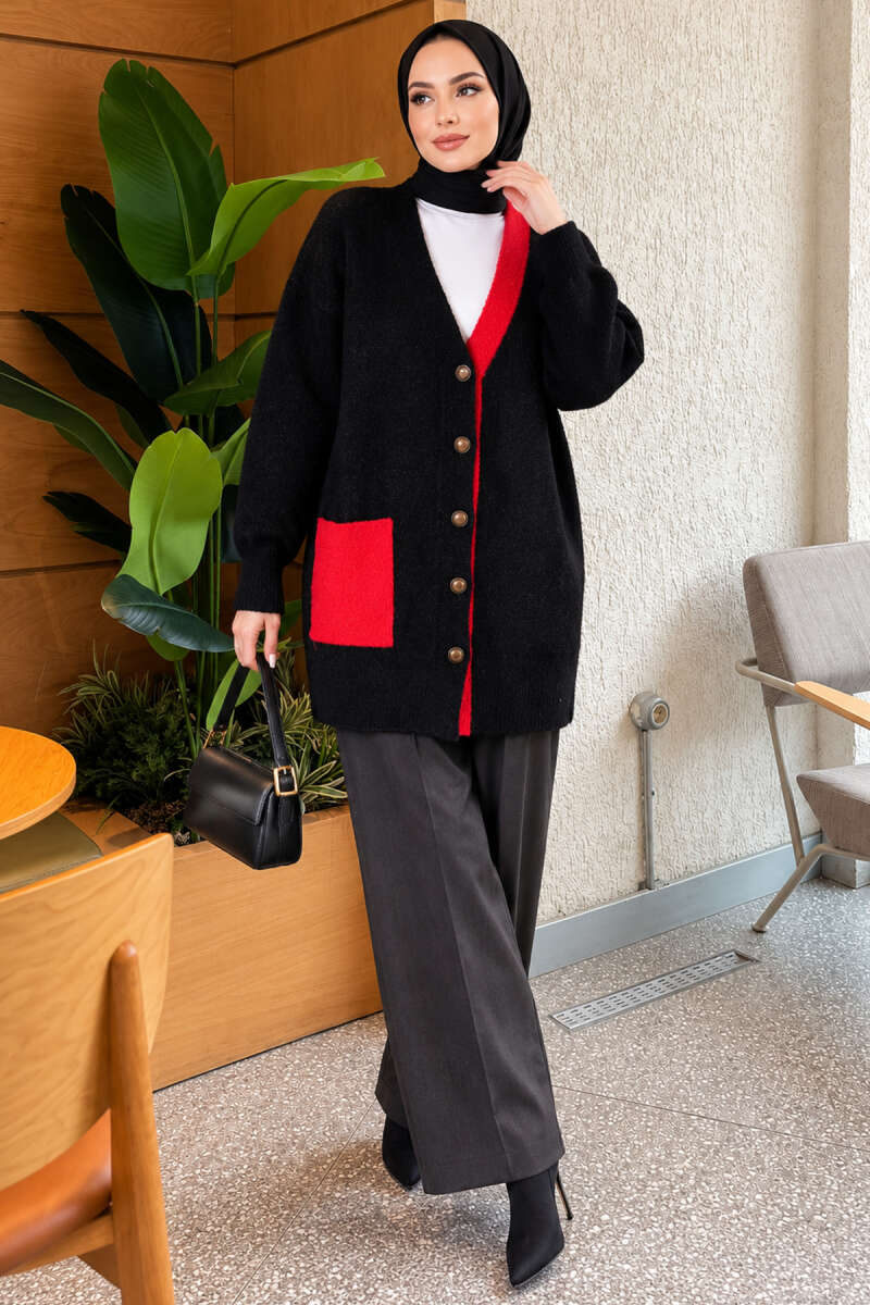 Two-Pocket Detail Fringed Cardigan Black – Bild 2