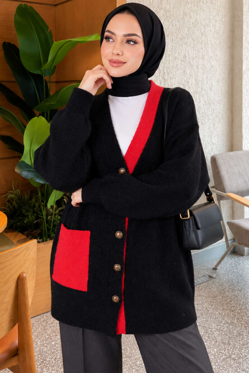 Two-Pocket Detail Fringed Cardigan Black – Bild 3