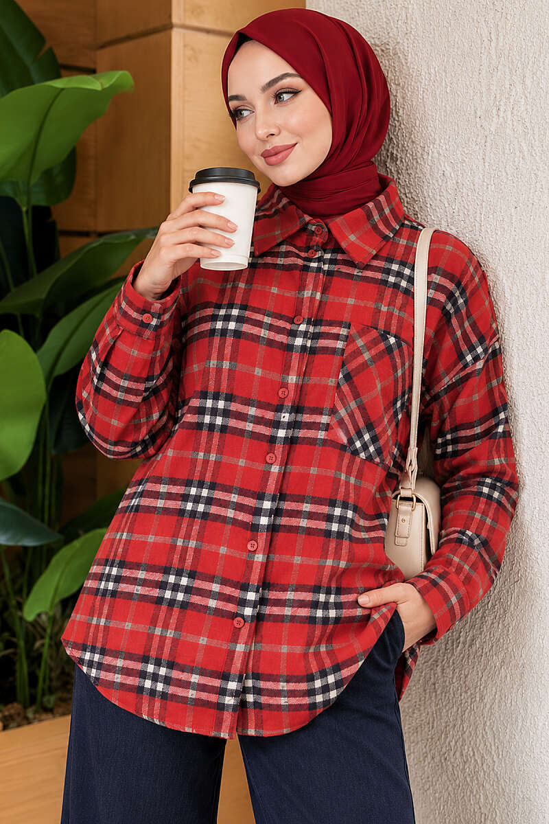 Single-Pocket Plaid Shirt Red