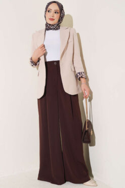 Alternative view of Single-Layer Pleated Palazzo Trousers Brown