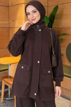 Alternative view of Canvas-Style Two-Piece Set with Pocket and Zip Dark Brown