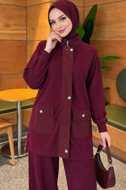 Alternative view of Canvas-Style Two-Piece Set with Pocket and Zip Burgundy
