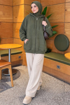 Alternative view of Three-Thread Hooded Zip-Up Cardigan Khaki