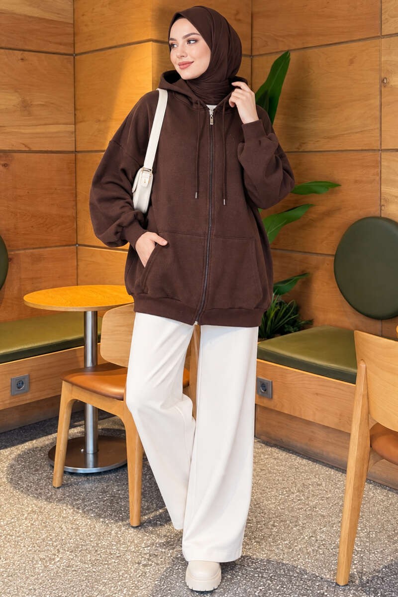 Three-Thread Hooded Zip-Up Cardigan Brown - Imagen 2