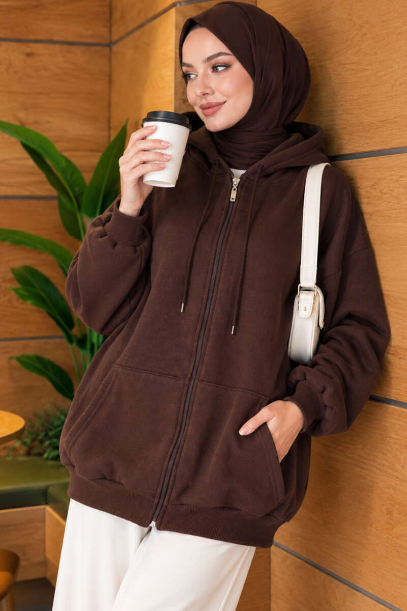 Three-Thread Hooded Zip-Up Cardigan Brown - Imagen 3