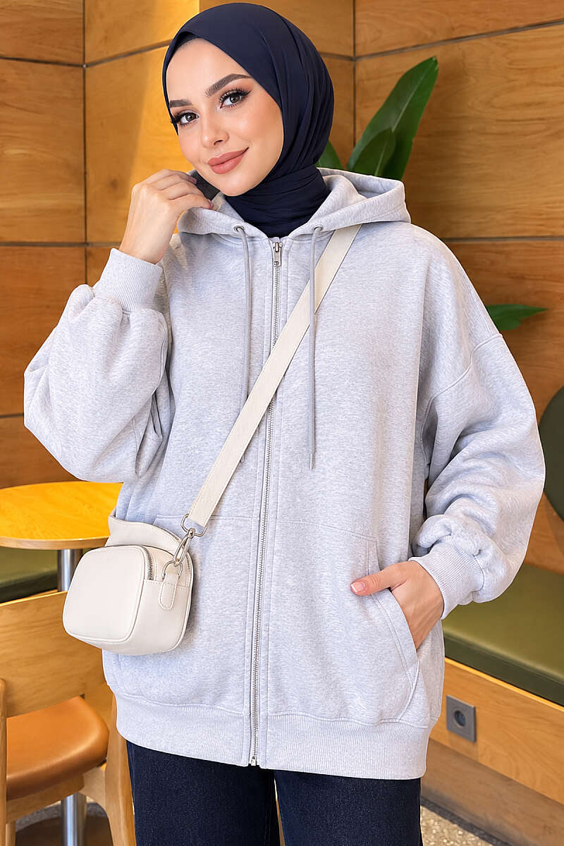 Three-Thread Hooded Zip-Up Cardigan Grey