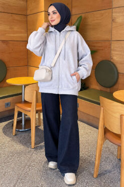 Alternative view of Three-Thread Hooded Zip-Up Cardigan Grey