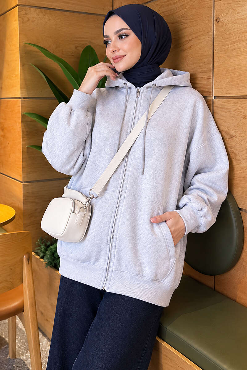 Three-Thread Hooded Zip-Up Cardigan Grey - Imagen 3