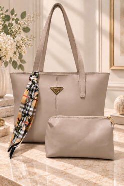 Triangle-Accented Makeup Bag Shoulder Bag Beige