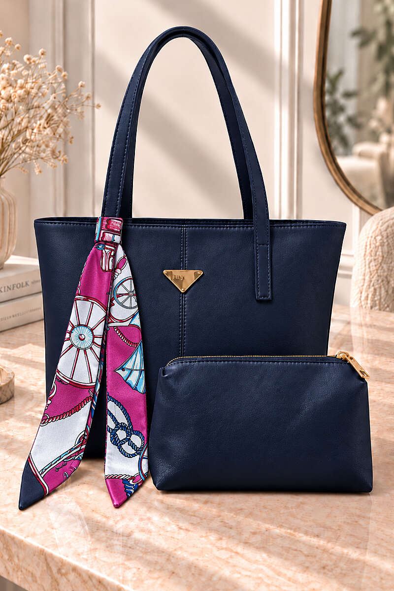 Triangle-Accented Makeup Bag Shoulder Bag Navy Blue