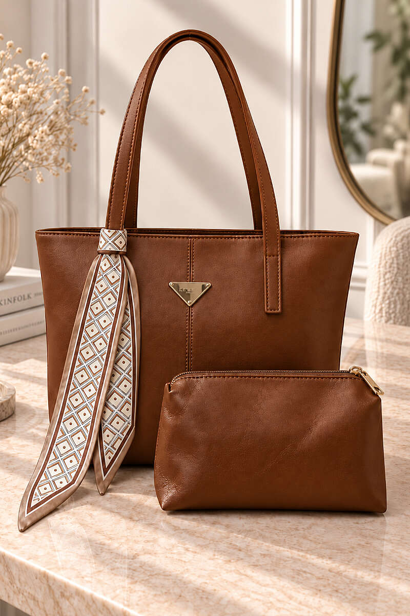 Triangle-Accented Makeup Bag Shoulder Bag Tan