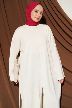 Alternative view of Long Ribbed Knit Tunic with Side Slit Details Beige