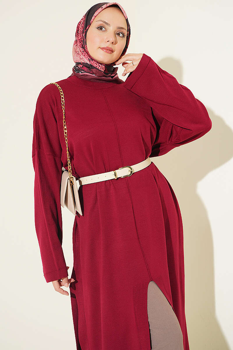 Long Ribbed Knit Tunic with Side Slit Details Burgundy - Afbeelding 2