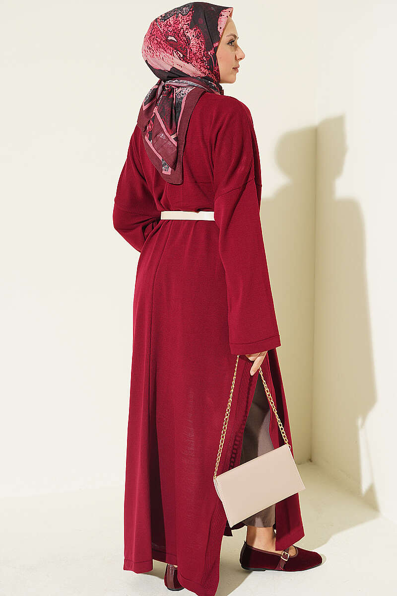 Long Ribbed Knit Tunic with Side Slit Details Burgundy - Afbeelding 3