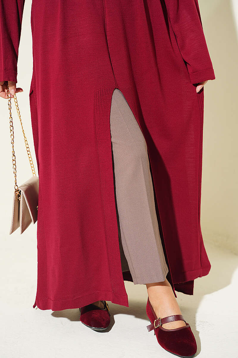 Long Ribbed Knit Tunic with Side Slit Details Burgundy - Afbeelding 4
