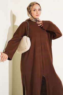 Alternative view of Long Ribbed Knit Tunic with Side Slit Details Brown